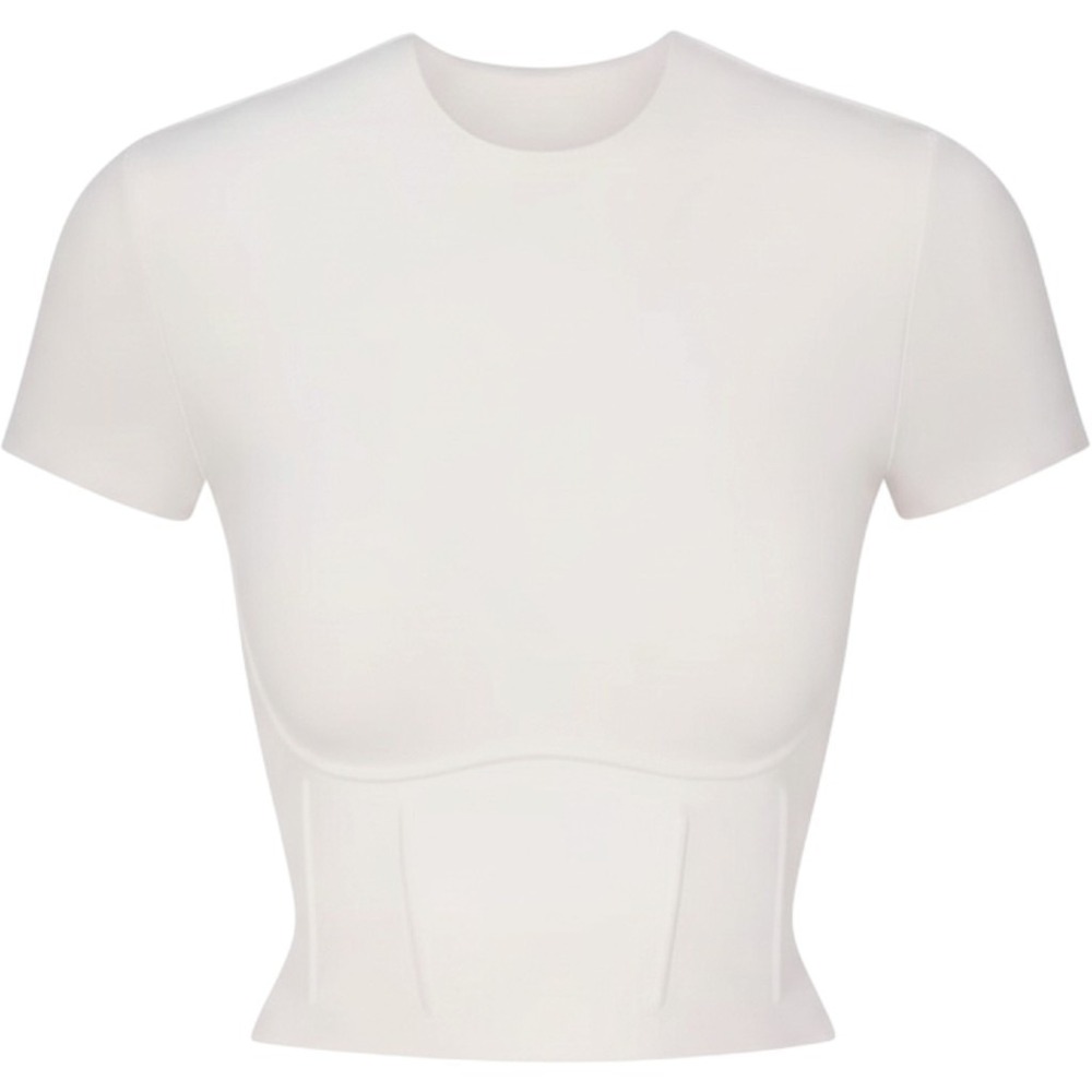 White Short Sleeve Corset Seam Detail Crop Top Crew Neck T-Shirt Medium